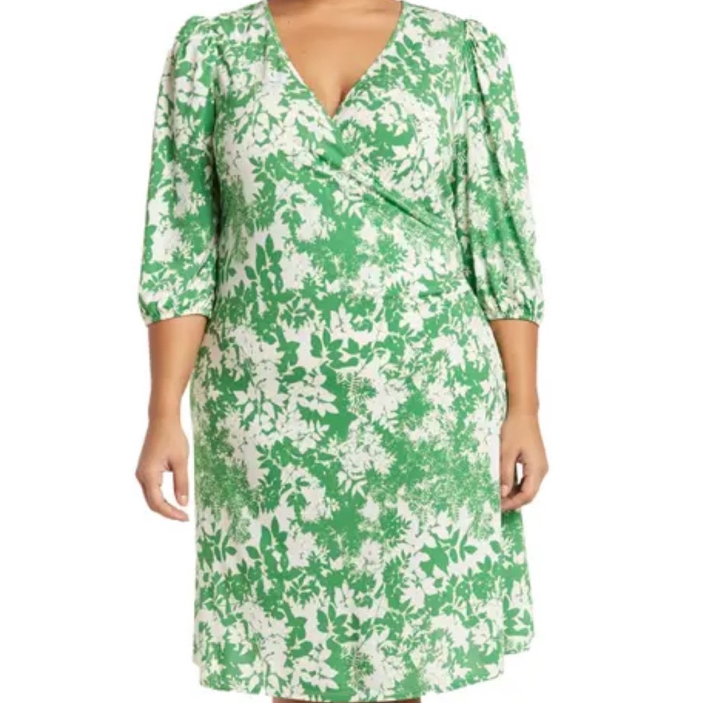 By Design Green & White botanical Wrap dress  w 3/4 sleeves size 2xl
